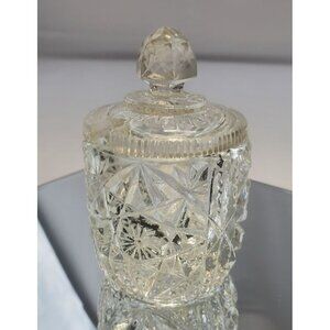 Vintage Clear Cut Crystal Glass Jar Hobstar Mustard Condiment Jam Pot